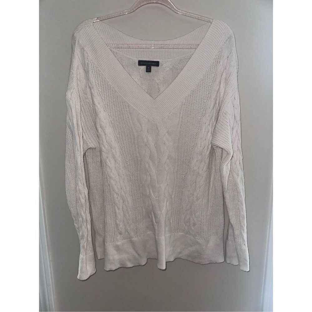Banana Republic V-Neck Cableknit Cotton Sweater White XL